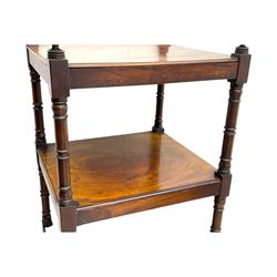 Early 19th century mahogany whatnot, with four rectangular shelves, the lower shelf fitted with a single drawer, supported by slender turned columns, raised on turned supports with brass castors