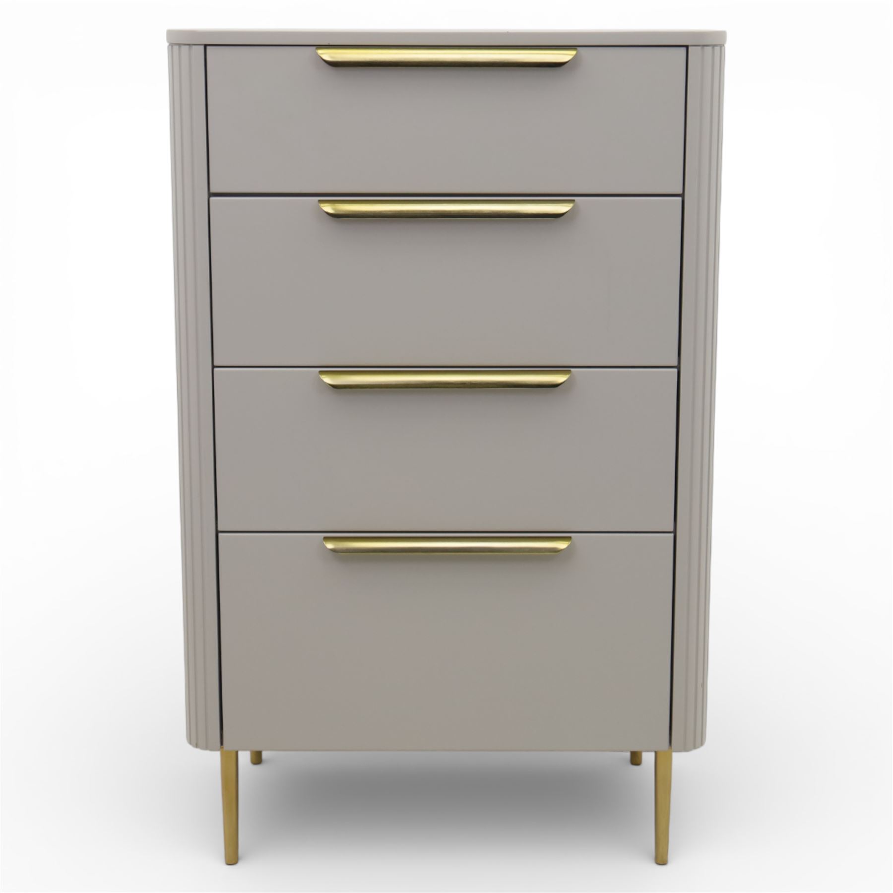 Made.com - 'Ebro' grey four drawer chest, gold painted metal shaped handles, rounded corners with fluted detail, raised on gold painted metal tapered supports