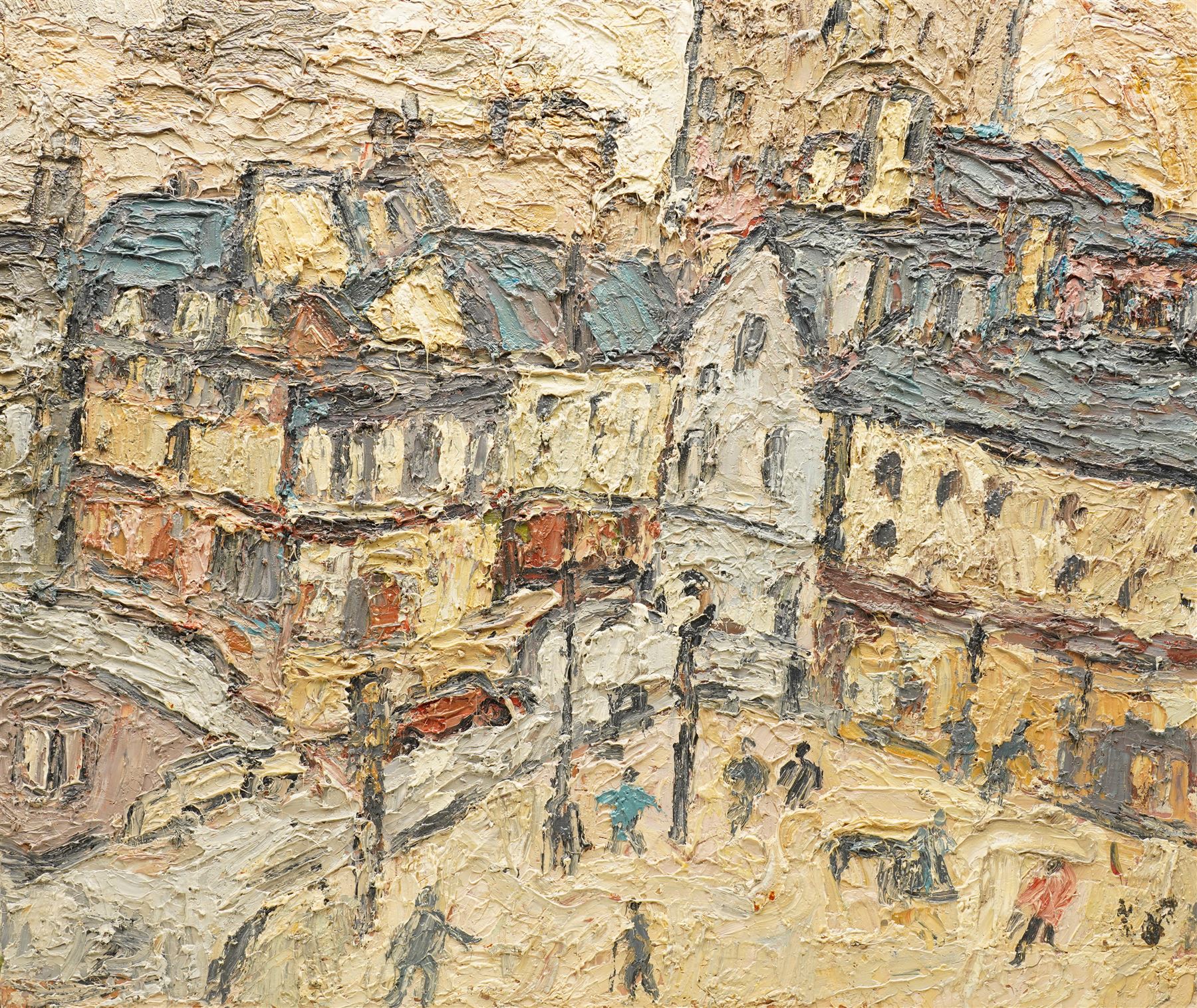 Barry De More (Yorkshire 1948-2023): 'Huddersfield Street Scene No1', oil and impasto on board signed titled and dated 2012 verso 45cm x 53cm
Notes: Acclaimed as one of the North's greatest expressionist artists, Barry De More (1948-2023) used a heavy impasto style to transfer his love of Yorkshire landscapes, townscapes and people to canvas. His work sits comfortably in the company of work by Kossoff and Auerbach, selling to collectors in the UK and overseas. De More's work can be found in the permanent collection of work by Northern Artists at Dean Clough, one of the UK's largest contemporary art galleries.