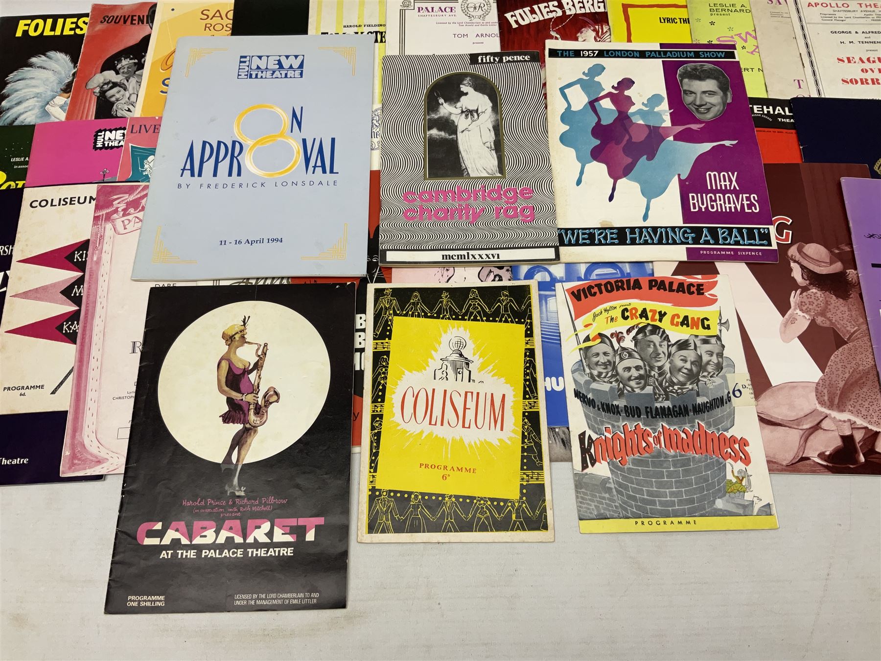 Over thirty theatre programmes 1940s and later including various London theatres - Apollo, Adelphi, Savoy, Drury Lane, Palace, Prince Edward, Vaudeville, Palladium etc, Folies Bergere and others