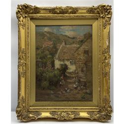 John Bowman (Staithes Group 1872-?): 'Little Gossips Runswick Bay', oil on canvas signed and dated 1905, old title label verso 39cm x 29cm