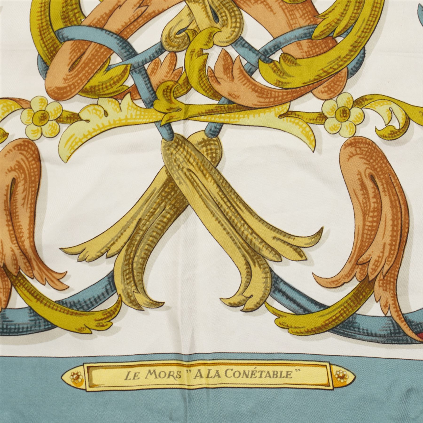 Hermes 'Le Mors A La Conetable' silk scarf, in the blue red and gold colourway, designed by Henri d'Origny, 88cm x 88cm