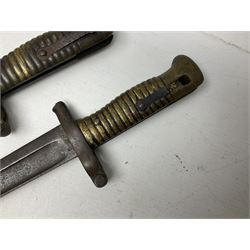 Five 19th century bayonets in relic condition without scabbards comprising British Pattern 1876 socket bayonet with Indian markings; French Model 1874 epee bayonet; and three French Model 1866 sabre bayonets (5)