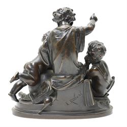 After Louis Valentine Elias Robert (French 1821-1874); pair of 19th century allegorical bronze groups, modelled as putti learning about the arts and sciences, bearing signature to the plinth, H17cm (2)