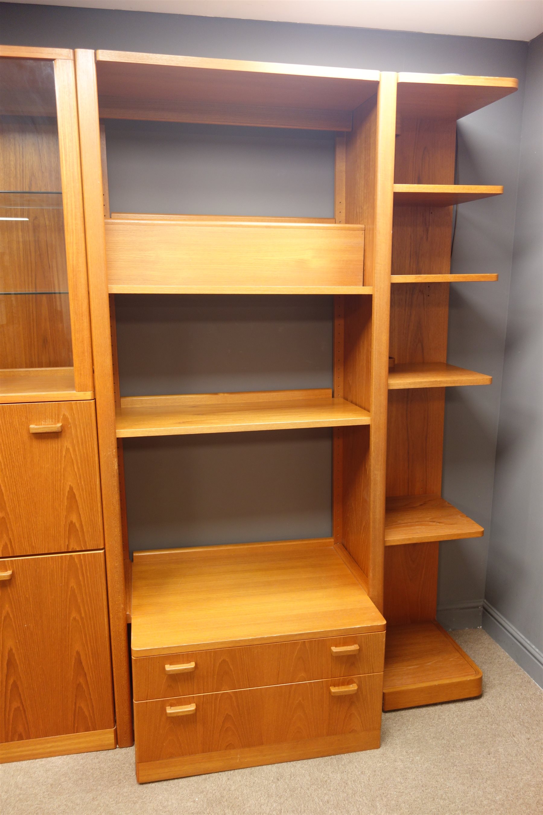 GPlan large teak sectional wall unit, combination of glazed display