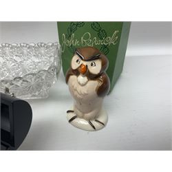 Six small mantel clocks; Grace Darling moulded glass dish; and boxed Beswick figure