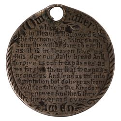 Queen Victoria 1872 silver threepence coin, the obverse engraved with the Lord's Prayer, drilled