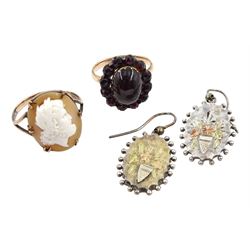 Victorian gold bohemian and cabochon garnet cluster ring, pair of Victorian silver pendant earrings engraved and applied gold foliate and floral decoration and a gold cameo ring, stamped 9ct