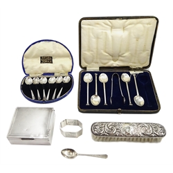 Silver mounted cigarette box by S J Rose & Son, London 1966, set of six silver coffee spoons, one other set of five with sugar nips, both cased and other silver flatware, all hallmarked, weighable silver approx 4.5oz