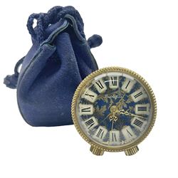 Bueche Girod silver-gilt and enamel novelty miniature clock, with a band of gilt moon and star decoration upon a deep blue enamel ground, with enamel and gilt foliate dial, with musical mechanism playing happy birthday, D2.7cm, in suede pouch
