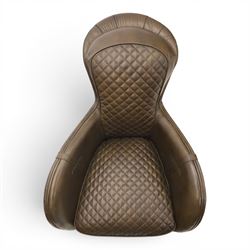 Timothy Oulton - saddle chair and stool upholstered in chocolate brown leather, with reclined back with diamond quilted cushions, stirrups upholstered to the sides  