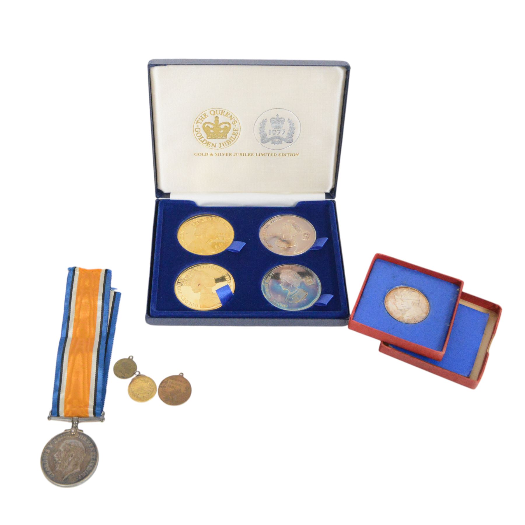 King George V British War Medal, awarded to Sergeant EI Hughes, King George V 1935 silver jubilee medal, in original box, and further commemorative coins and medallions