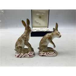 Two Halcyon Days porcelain figures of hares, inspired by Bow porcelain hare c1755, in box 