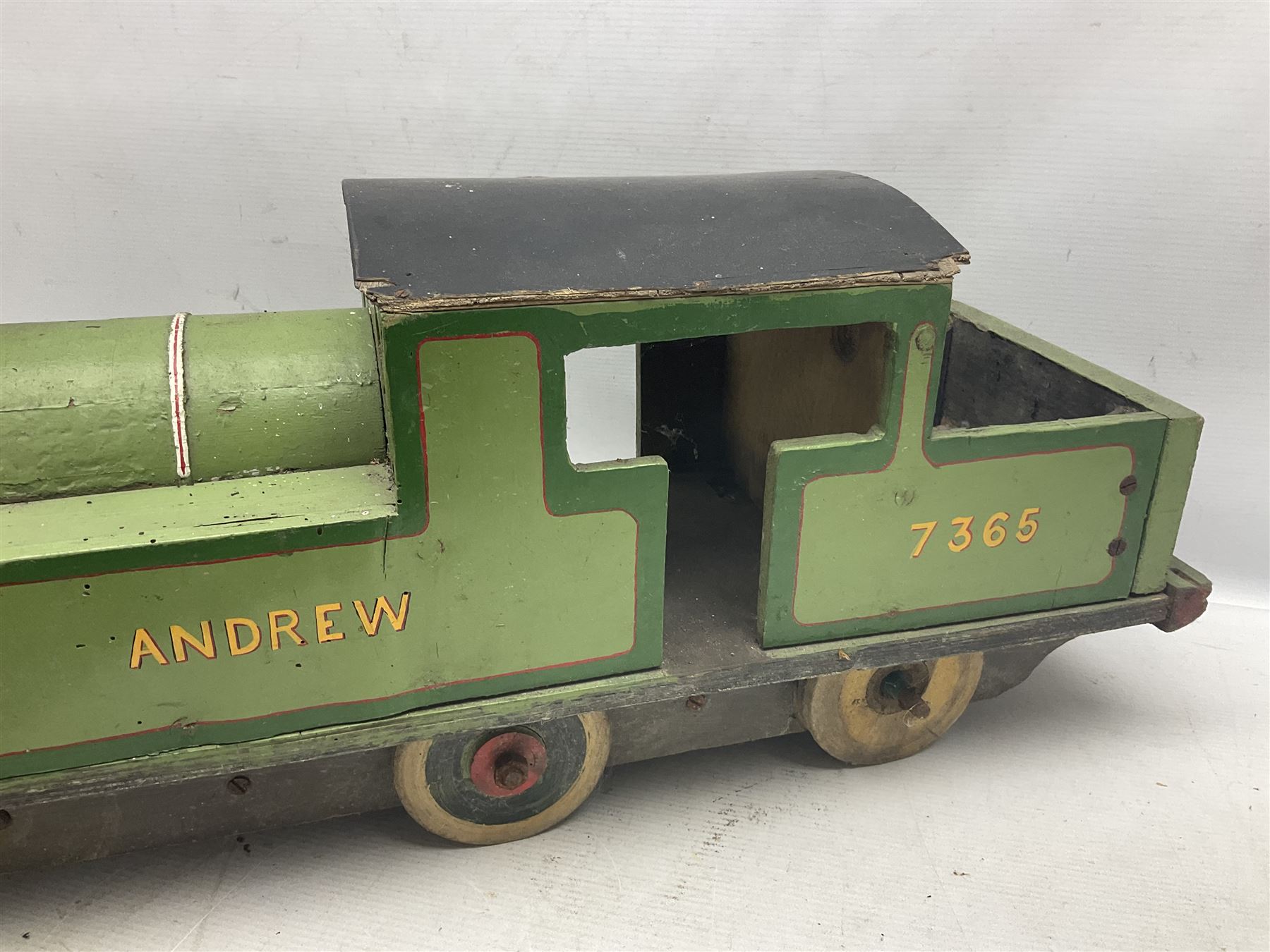 1960s scratch-built green, black and red painted wooden model of a 4-6-0 tank locomotive 'Andrew' No.7365 L88cm; and an unused wall mounting die-cast model display cabinet with glass door and shelves 52 x 40cm (2)