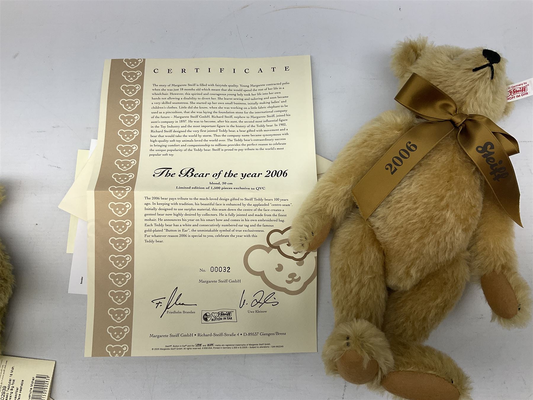 Two Steiff teddy bears comprising 2006 'Bear of the Year', limited edition with original dust bag and certificate, and 'Big Foot Bear' serial no. 002939, both with tags in ear
