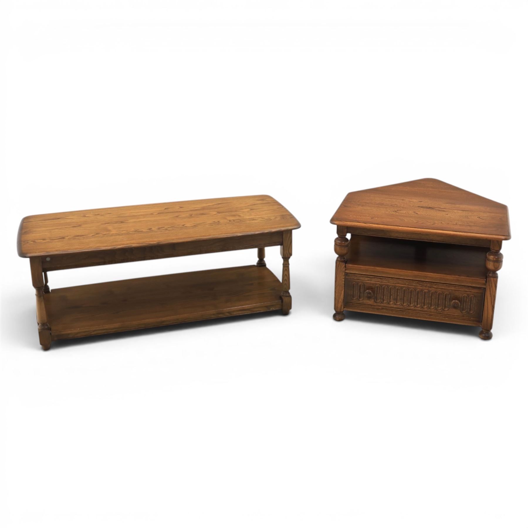 Ercol -  dark elm corner TV stand and coffee table, TV stand with drop triangular leaf, over open recess above a single drawer (H 47cm, D 44cm with leaf 79cm, W 73cm,  the coffee table with chamfered rectangular top with full length undertier, raised on turned supports (H 43cm, D 54cm, W 115cm) 