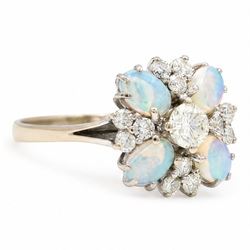 18ct white gold opal and diamond flower head cluster ring, single round brilliant cut diamond of approx 0.45 carat, surrounded by four oval cabochon cut opals and twelve diamonds, total diamond weight approx 0.80 carat