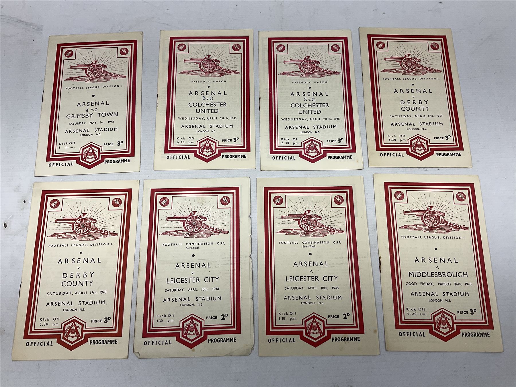 Arsenal F.C. - twenty-five home programmes 1947/48 including Division One, F.A. Cup, Football Combination Cup (Reserves) and a Friendly Match; some Souvenir editions and duplicates (25)