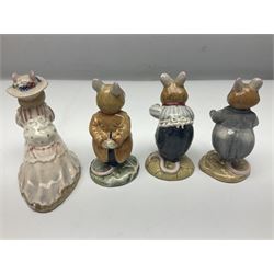 Five Royal Doulton Beatrix Potter figures, comprising Poppy Eyebright, Clover, Lord Woodmouse, Mr Apple and Dusty Dogwood, together with Beswick Appley Dapply figure and three Crummles Beatrix Potter enamel pill boxes