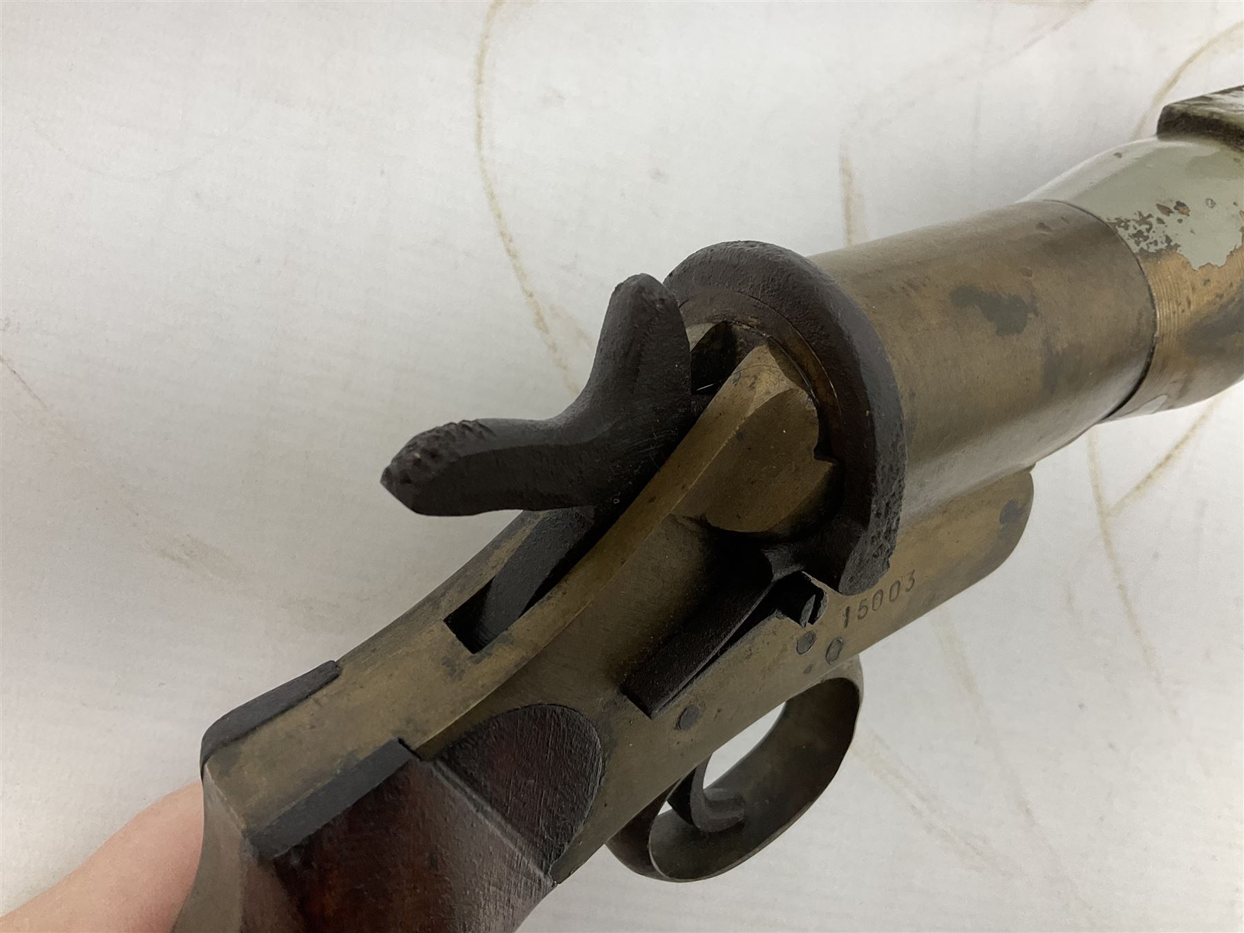Schermulys Patent No.503324 nitro proof line throwing pistol No.15003; brass body with proof marks; the 32cm steel barrel with secondary handle over and original transfer 'The Schermuly Pistol Rocket Apparatus Ltd. London' L51cm overall
