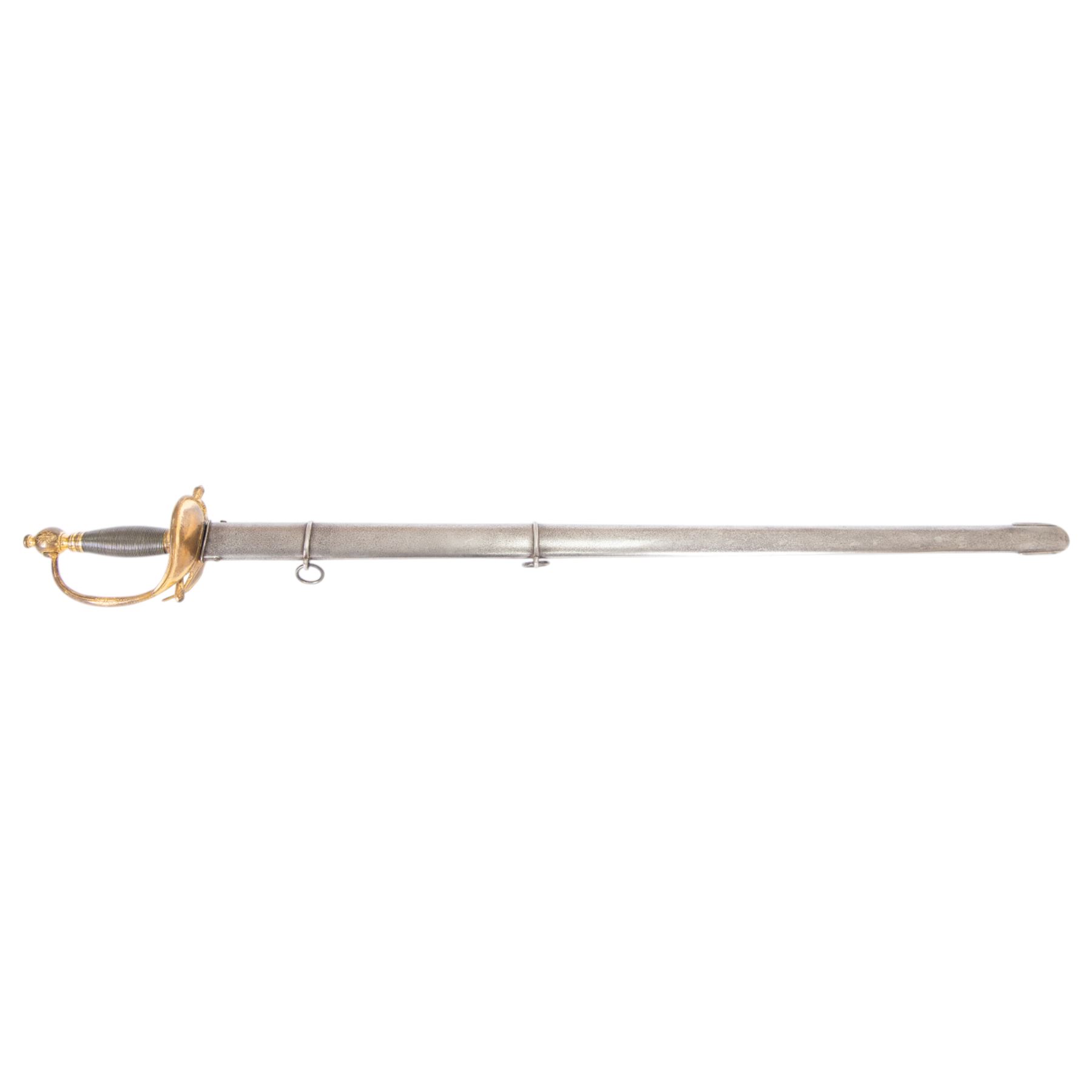 British heavy cavalry officer's sword, 1796 pattern by Thomas Osborn, the 82cm straight double edged blade with central fuller engraved to both sides, with gilded brass boat shaped guard, grip of silver foil over wooden former, within a steel scabbard with twin suspension rings, overall L106cm