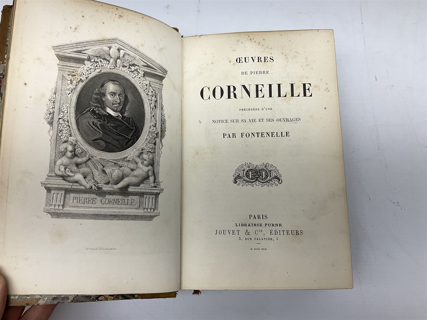 Eighteen 19th century leather bound books including Oeuvres Completes De Voltaire. 1827 Paris. Two volumes; Oeuvres De Pierre Corneille. 1892 Paris; Commentarium in Librum Geneseos Scripsit Thomas Josephus Lamy. 1883 Mechliniae; etc (18)