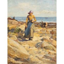 Robert Jobling (Staithes Group 1841-1923): Fishergirl on Cowbar Steel, oil on canvas signed 45cm x 35cm