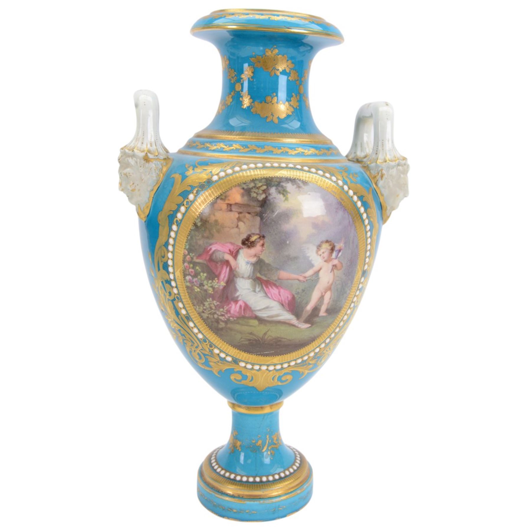 Pair of late 19th century Sevres style vases, each of urn shaped form with twin mask mounted raised handles, decorated with romantic figural and landscape panels within 'jewelled' and gilt foliate borders, with pseudo Sevres marks beneath, H35.5cm