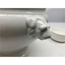 Thun WW2 German Luftwaffe officer's mess plain white glazed soup tureen with lion mask handles, marked with the Luftwaffe eagle beneath and dated 1939 L31cm; together with Waffen 'SS' white glazed twin handled soup bowl, marked beneath Bauscher Weiden 1942 (2)