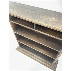 Early 20th century oak open bookcase, dentil cornice and base