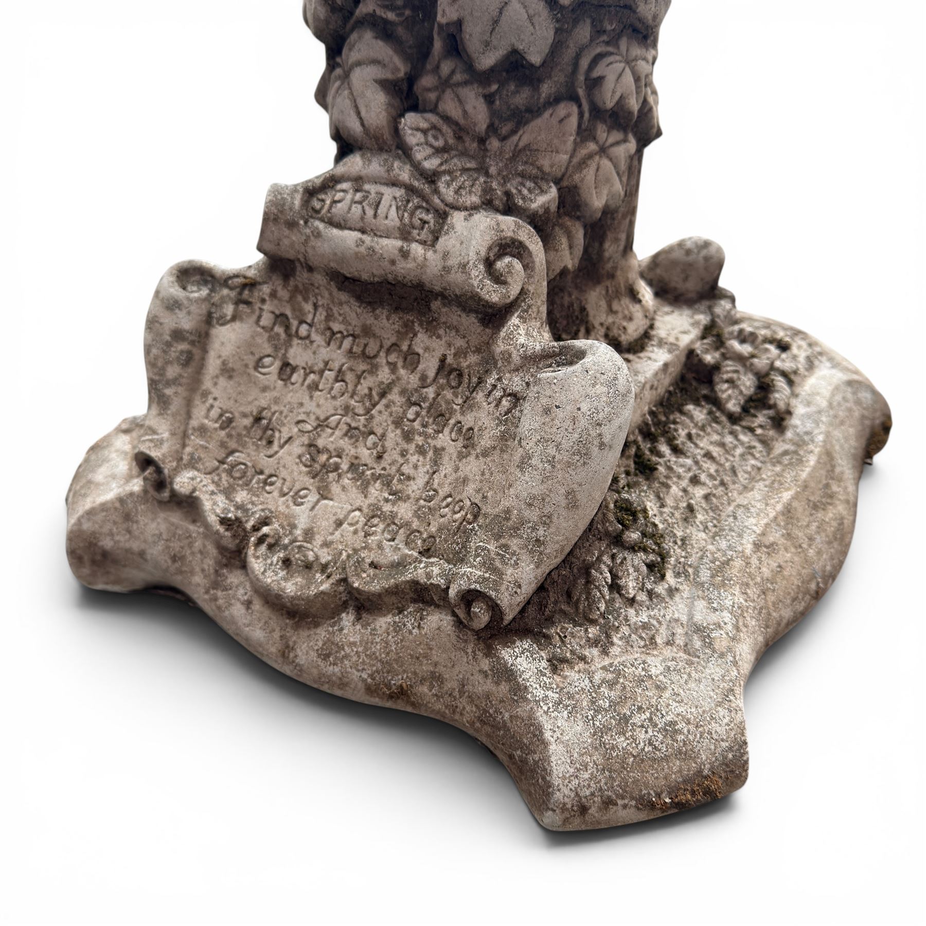 Pair of weathered composite stone garden figures, modelled as a girl and a young satyr playing the panpipes seated on column supports, the fluted columns with climbing ivy vines and surmounted animal, butterfly and other zoomorphic motifs