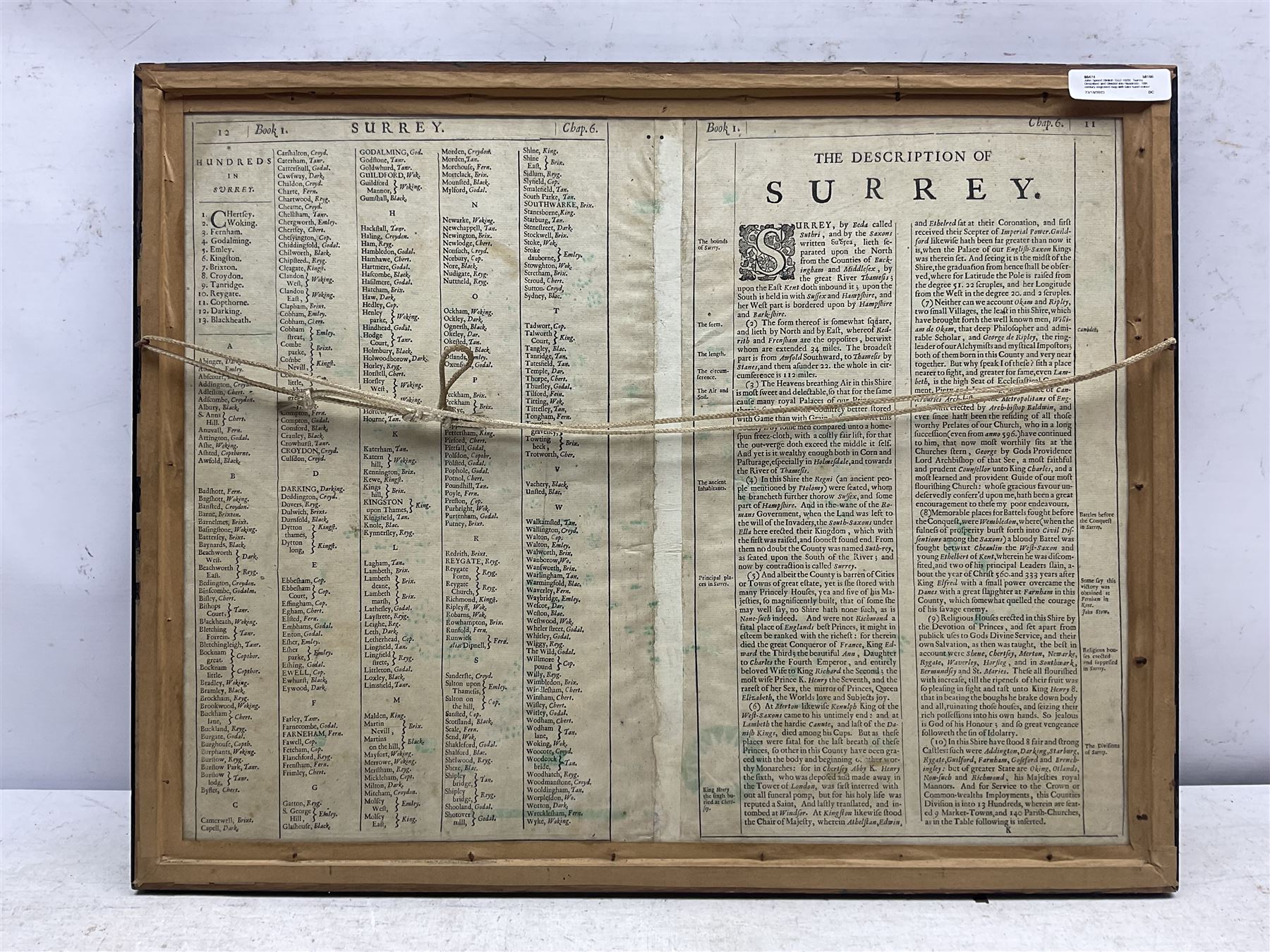 John Speed (British 1552-1629): 'Surrey Described and Divided into Hundreds', 18th century engraved map with later hand-colour 40cm x 52cm