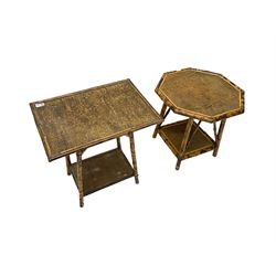 Victorian bamboo two-tier occasional table, octagonal top (W51cm H49cm); together with another similar of rectangular form and a towel rail