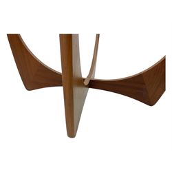 G Plan - Mid-century teak coffee table, circular form with inset glass top within a wide chamfered teak border, on sculptural cruciform base with curved intersecting supports