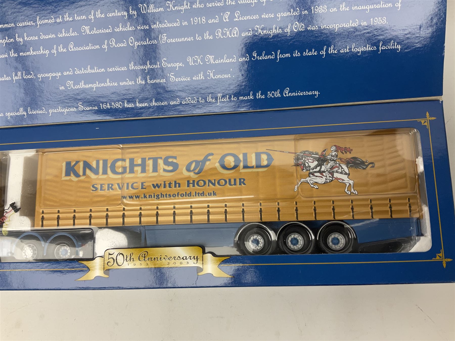 Three Corgi 1:50 scale lorries - Gold Star Special ERF EC Petrol Tanker - BP No.CC11907; limited edition Knights of Old 50th Anniversary 1953-2003 Scania Topline Curtainside No.12911; and limited edition Volvo FH Fridge Trailer - Van der Kwaak No.CC12419; all boxed (3)