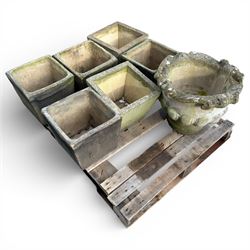 Collection of six square cast stone planters along with cast stone urn 