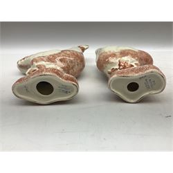 Six Rye Pottery figures, comprising, jumping fox, squirrel upon a branch, billy goat, bull, chicken and cockerel  