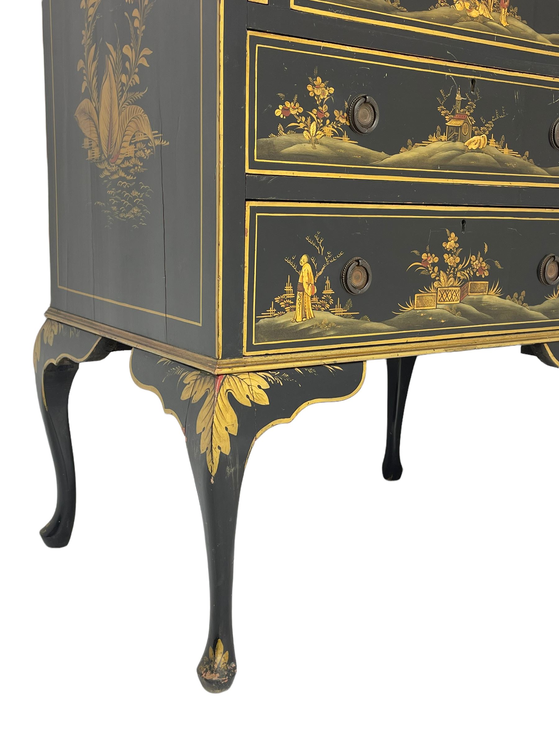 Early 20th century Chinoiserie lacquered bureau, raised gilt decoration, fall front enclosing divisions and drawer, three graduating long drawers, on cabriole supports