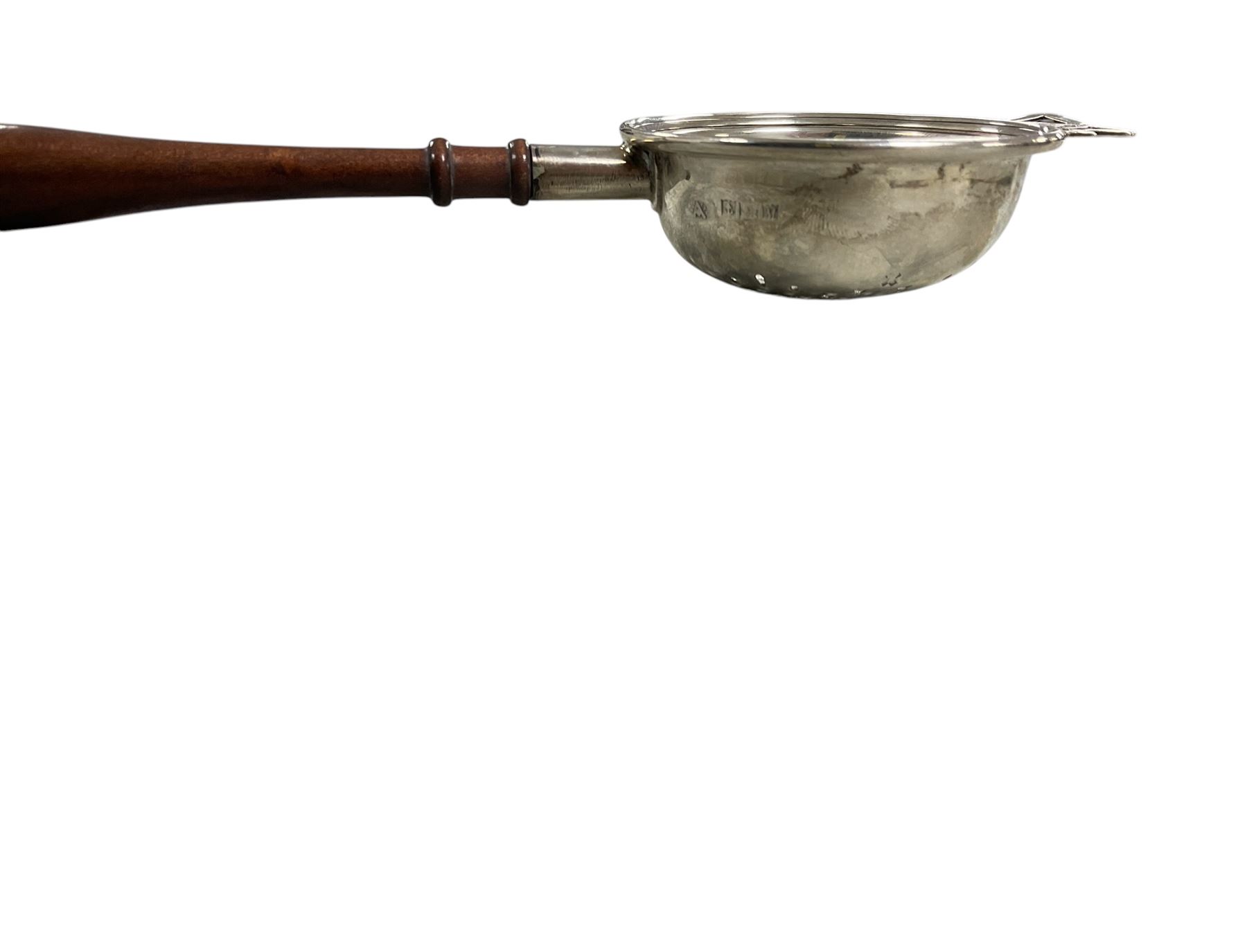 Two copper warming pans with silver strainer