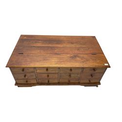 Hardwood multi-drawer coffee table, with hinged lid enclosing storage