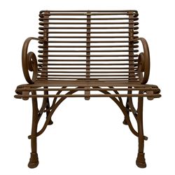 Painted wrought metal 'Arras' chair, curved frame with horizontal rails and scrolled arms, on hoof feet, in russet brown paint finish, with brass plaque 'Usine, S. Sauveur, Arras' 