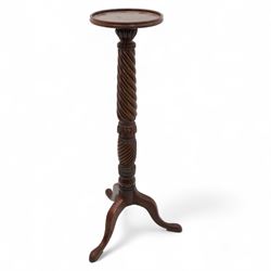 Mahogany torchiere H103cm, pine hat makers' stand H102cm, H91cm brass-bound planter on stand, brass standard lamp stand H127cm (4)