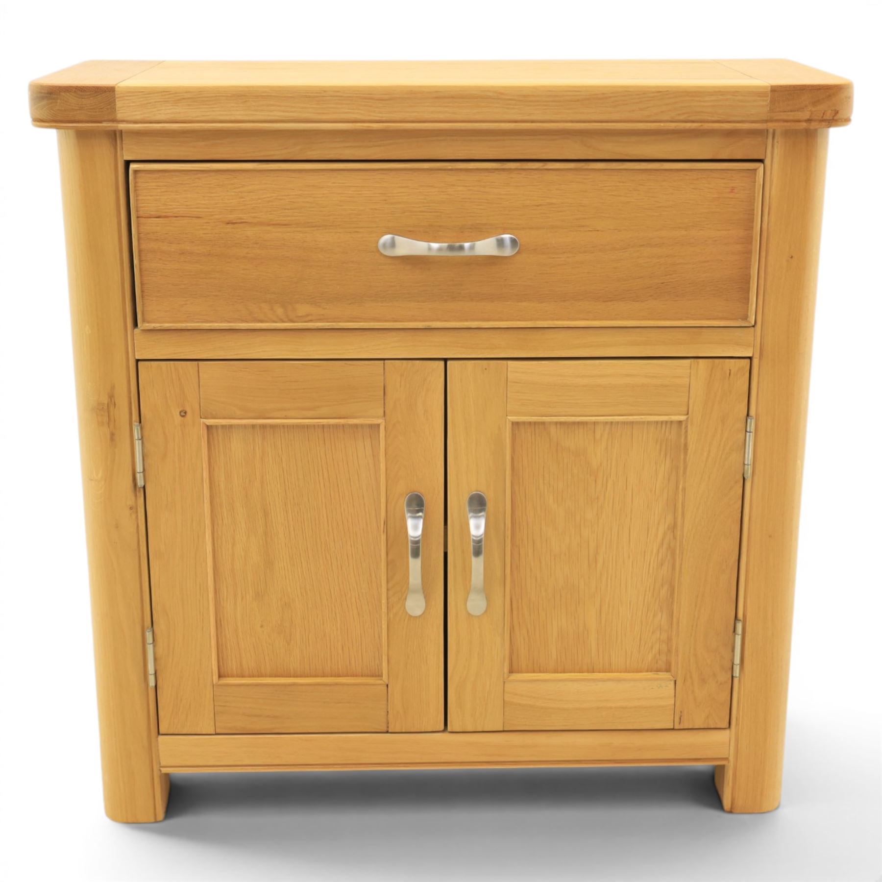 Modern oak living room set comprising; a small side cabinet, corner TV stand and coffee table, cabinet with single drawer and cabinet, finished with metal handles (H 80cm, D 32cm, W 80cm), TV stand with open recess and rear aperture for wires, above nine drawers with chrome pulls (H 62cm, D 50cm, W 84cm)  coffee table with curved edges and full length undertier (H 50cm, D 60cm, W 90cm)  