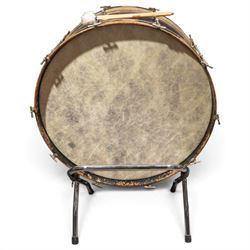 1930s Carlton Standard large concert bass drum, with Remo Fiberskyn 2 head, wooden shell and metal tension rods, on chrome cradle stand, with black hard carry case, D69cm