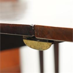 George III and later mahogany extending dining table, two D-ends, central drop-leaf table and loose leaf, satinwood banded tops, on square tapering supports with boxwood stringing