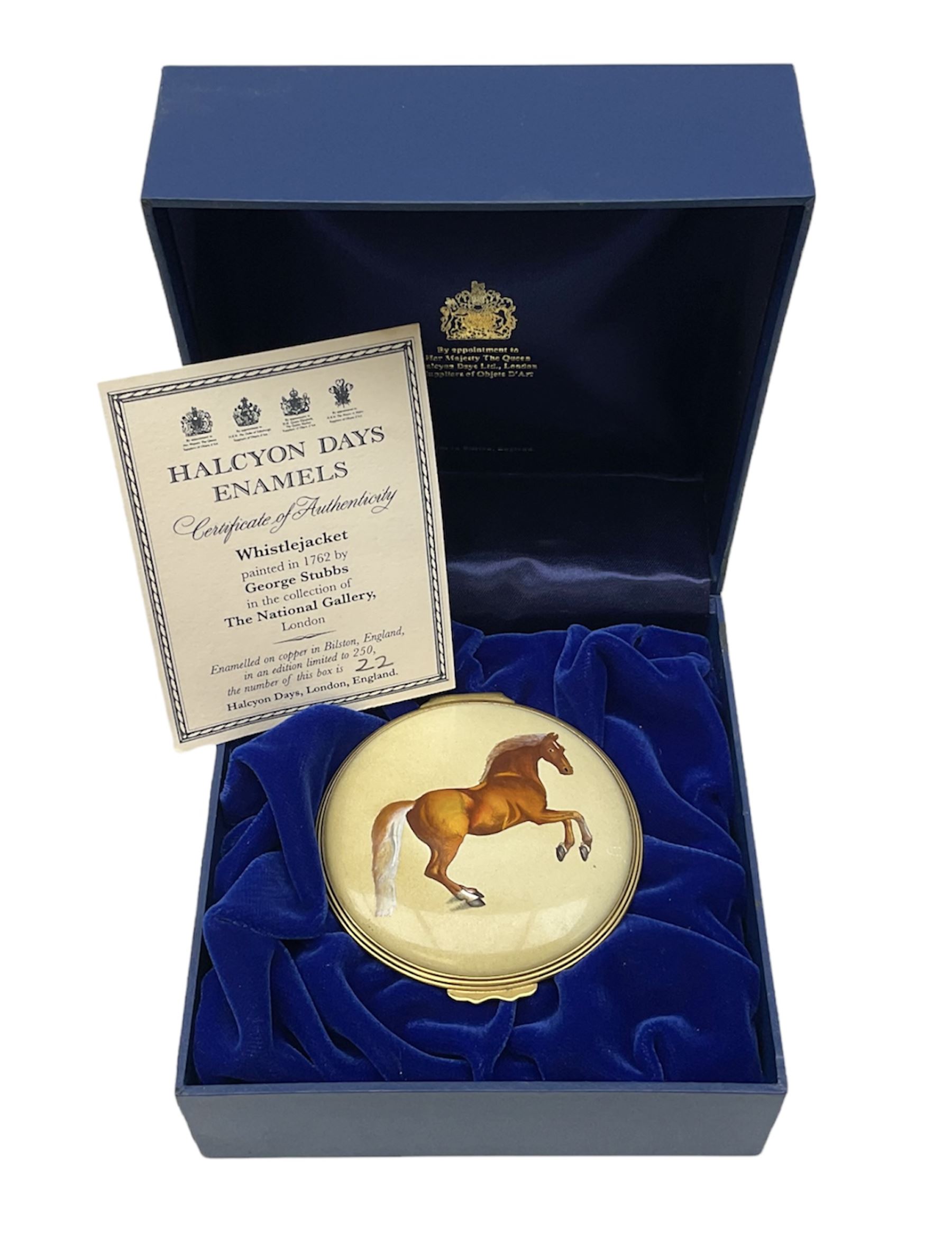 Limited edition Halcyon Days enamel box, Whistlejacket, painted in 1762 by George Stubbs, no 22/250, with certificate of authenticity, in fitted box 