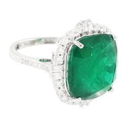 18ct white gold emerald and diamond cluster ring, single cushion cut emerald of approx 13.20 carat, with round brilliant cut and baguette cut diamond surround and shoulders, stamped, total diamond weight approx 0.80 carat