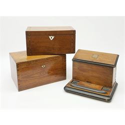 A 19th century oak tea caddy, L25.5cm, together with a further oak box, and a mahogany desk box, with pen tray and hinged cover opening to reveal a letter rack. (3). 