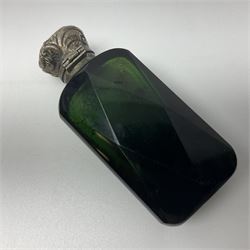 Silver mounted green glass scent bottle, with original stopper, and embossed silver cover, H7cm