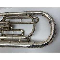 Corton silver plated tenor(?) horn, serial no.523282; in carrying case; and a brass car horn with rubber bulb action (2)